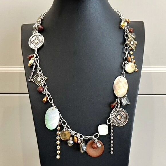 Chico's Long Chain Link Charm Rhinestone Shell Bead Statement Necklace - Picture 8 of 8